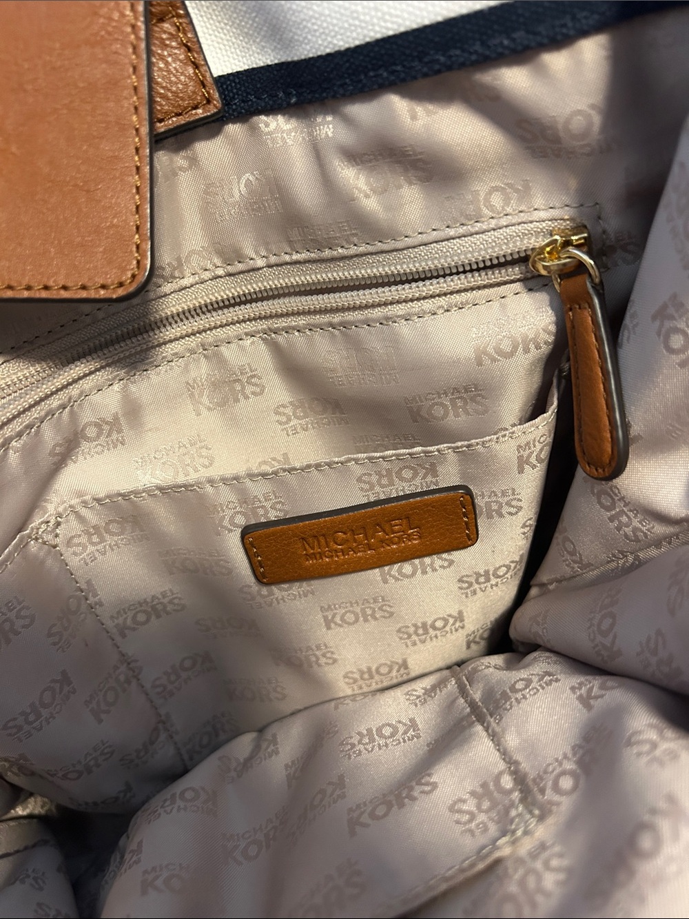 Michael Kors Navy & White Striped Tote with Brown Trim - Picture 3 of 3
